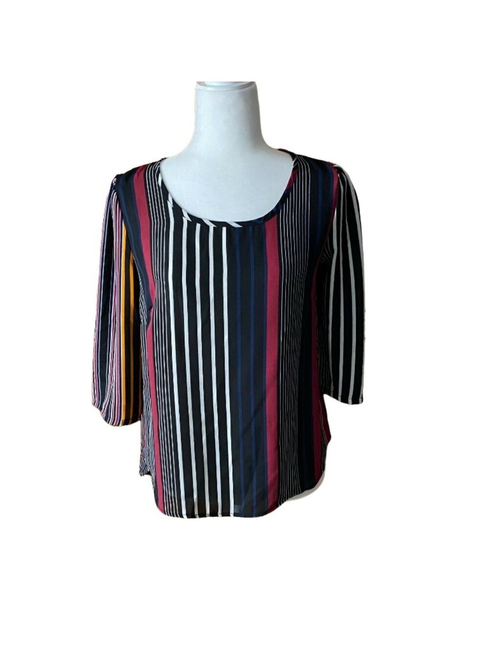 Ezra Womens Striped 3/4 Sleeve Blouse-Black/Multicolor-Size Small-GUC